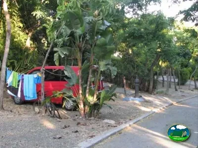Parcela con tienda de acampada roja entre árboles del Camping Parque Tropical, Estepona (Málaga)