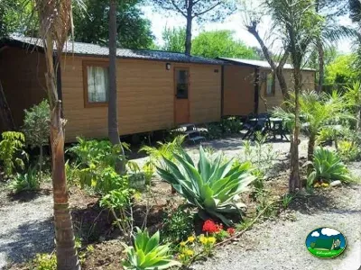 Mobil-home con jardín tropical y palmeras del Camping Parque Tropical, Estepona (Málaga)