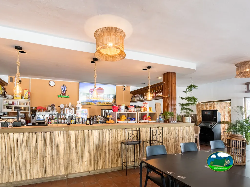 Restaurante bar con barra de madera y zona de mesas del Camping La Buganvilla, Marbella (Málaga)