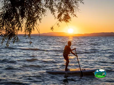 Playa junto al mar atardecer paddle surf del Camping TCS Camping Salavaux Plage, Salavaux (Vaud)