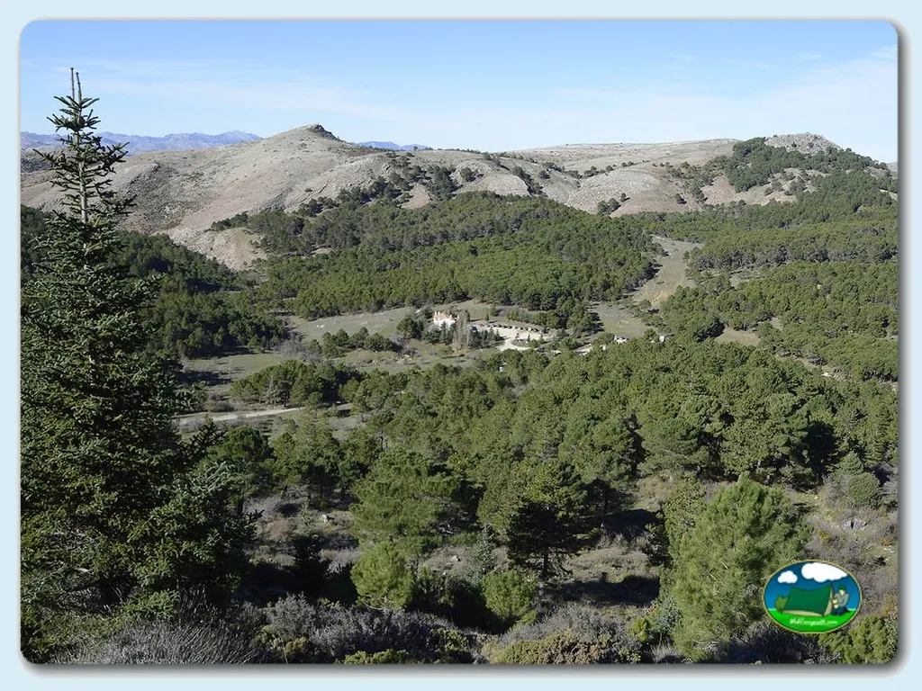 Sierra con parcelas arboladas del Camping Conejeras, Parauta (Málaga)