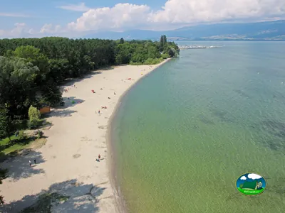 Playa junto al lago con bosque y vistas a la montaña del Camping La Menthue, Yvonand (Vaud)