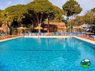 Piscina con vistas a la montaña y sombrillas del Camping Cabopino, Marbella (Málaga)