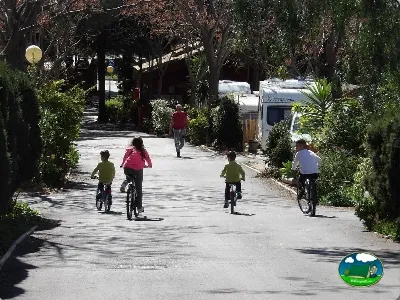 Parcela con niños en bicicleta entre árboles del Camping Cabopino, Marbella (Málaga)