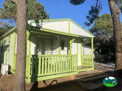 Mobil-home con terraza cubierta entre pinos del Camping Cabopino, Marbella (Málaga)