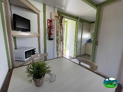 Mobil-home interior con TV y cocina del Camping Cabopino, Marbella (Málaga)