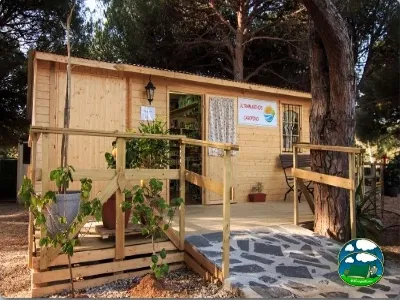 Cabaña de madera con terraza y vistas al bosque del Camping Cabopino, Marbella (Málaga)