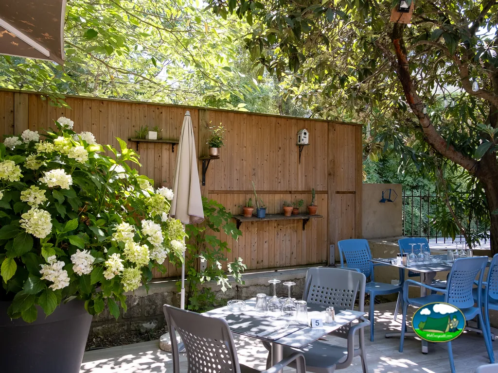 terraza con hortensias