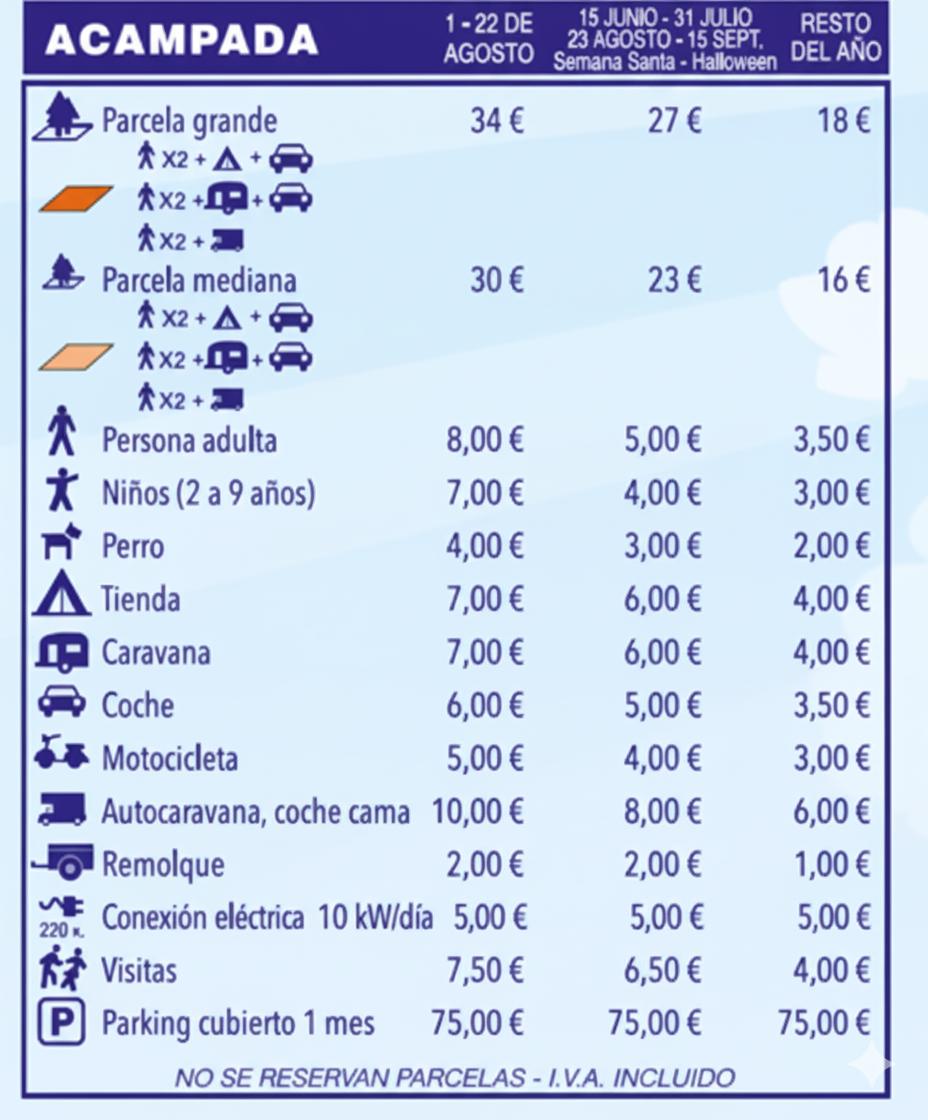 Tarifas Parcelas en Camping El Pino, Málaga, España