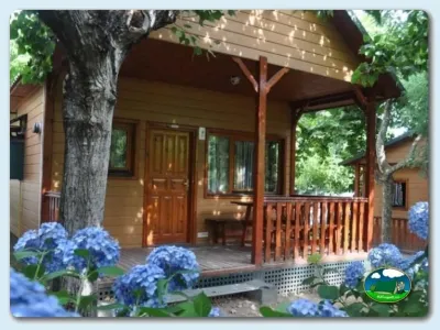 Cabaña de madera con porche y jardín con hortensias azules del Camping Jaranda, Jarandilla de la Vera (Cáceres)