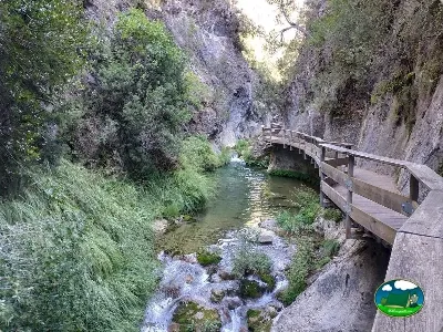 Río con pasarela de madera entre acantilados y vegetación del Camping Puente de las Herrerías, Cazorla (Jaén)