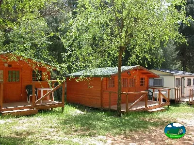 Bungalow de madera entre árboles del Camping Puente de las Herrerías, Cazorla (Jaén)