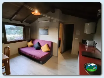 Mobil-home interior con sofá cama púrpura y kitchenette del Camping El Pinajarro, Hervás (Cáceres)