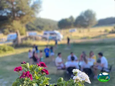Parcela con flores y grupo de visitantes en el recinto del Camping Navagredos, Navarredonda de Gredos (Ávila)