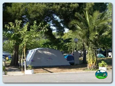 Parcela con tienda de acampada entre árboles del Camping Moreiras, Moreires (Pontevedra)