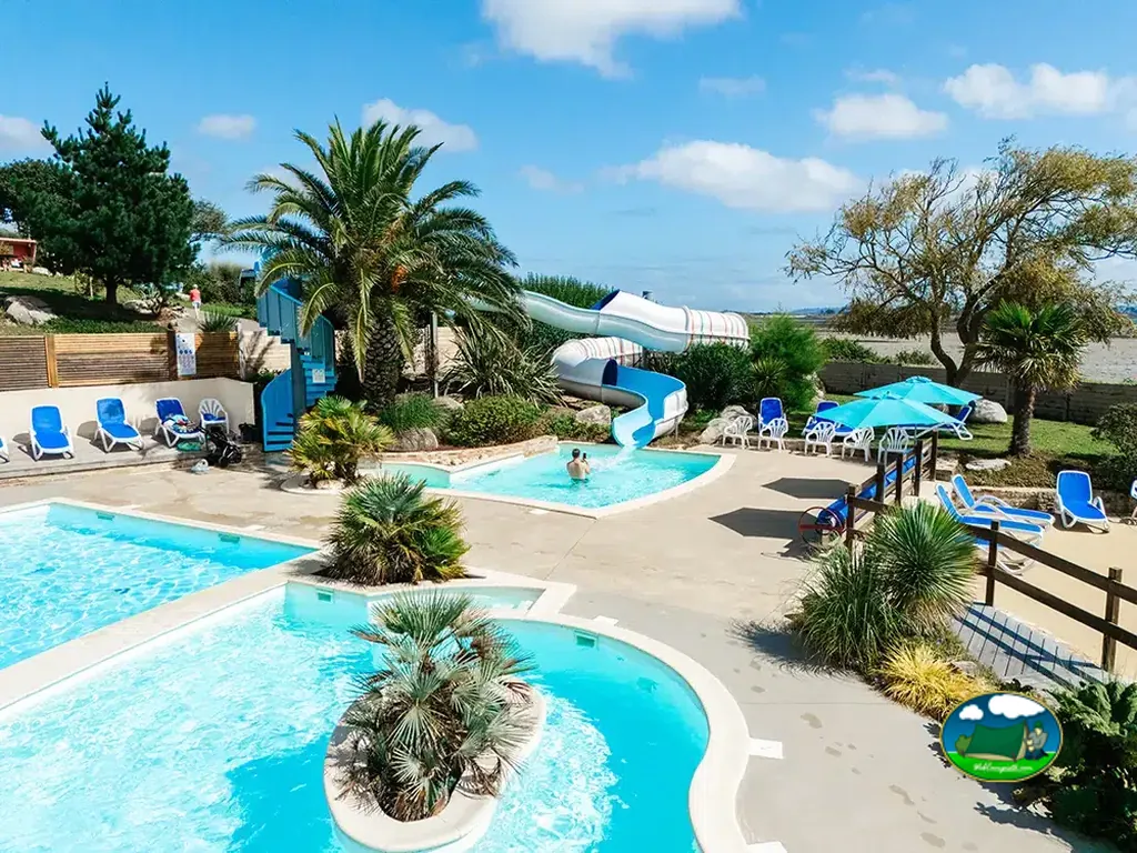 Piscinas con toboganes y palmeras