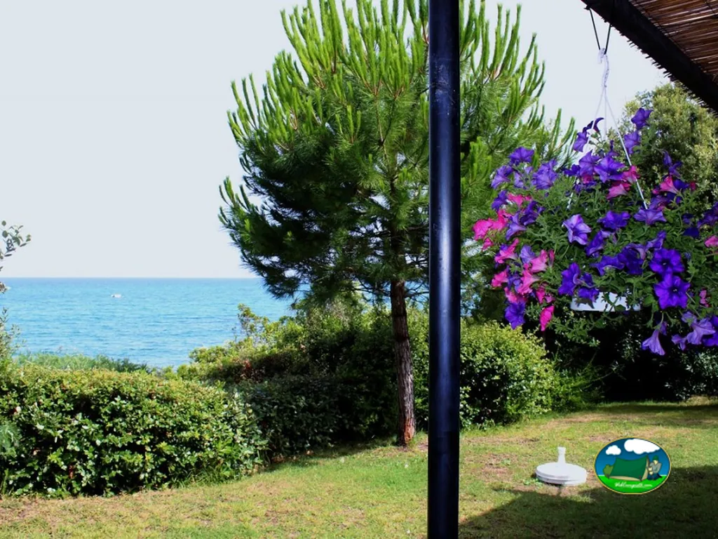 Jardín con buganvilla y vista al mar de Camping naturiste Corsica Natura, Linguizzetta