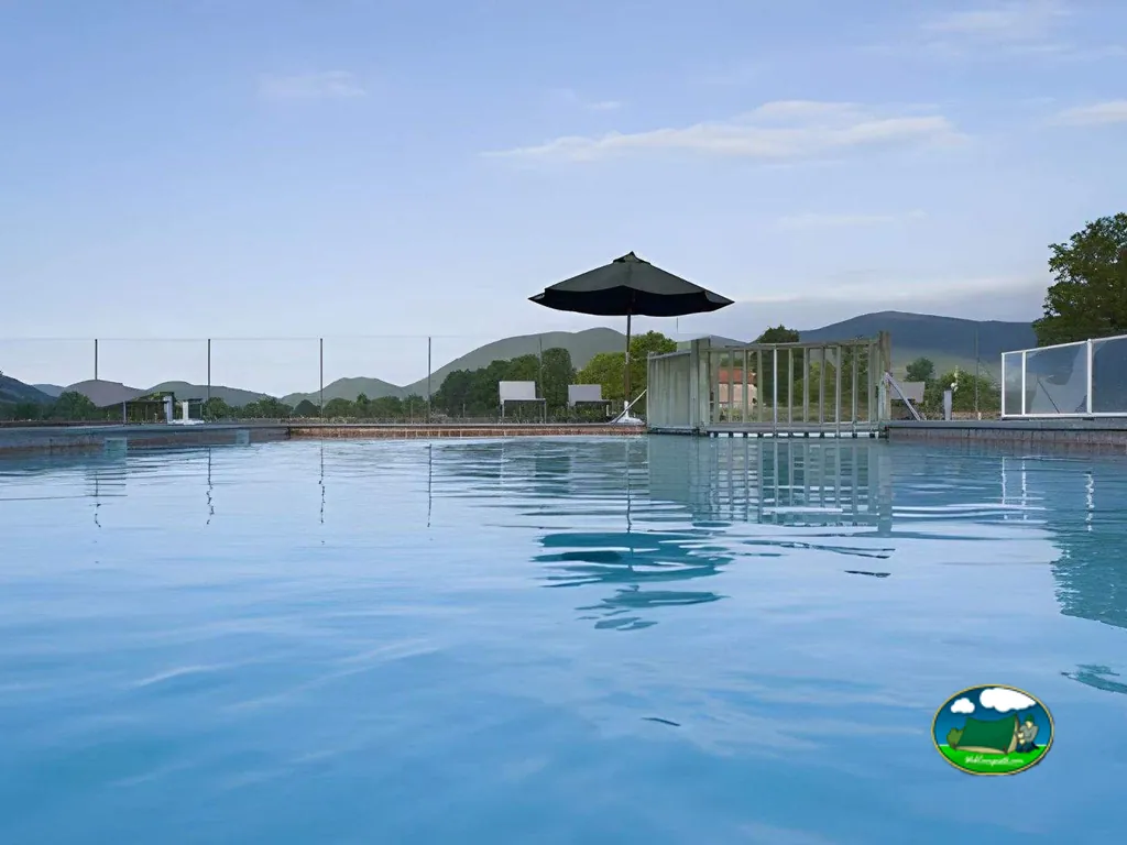 Piscina con sombrilla solitaria