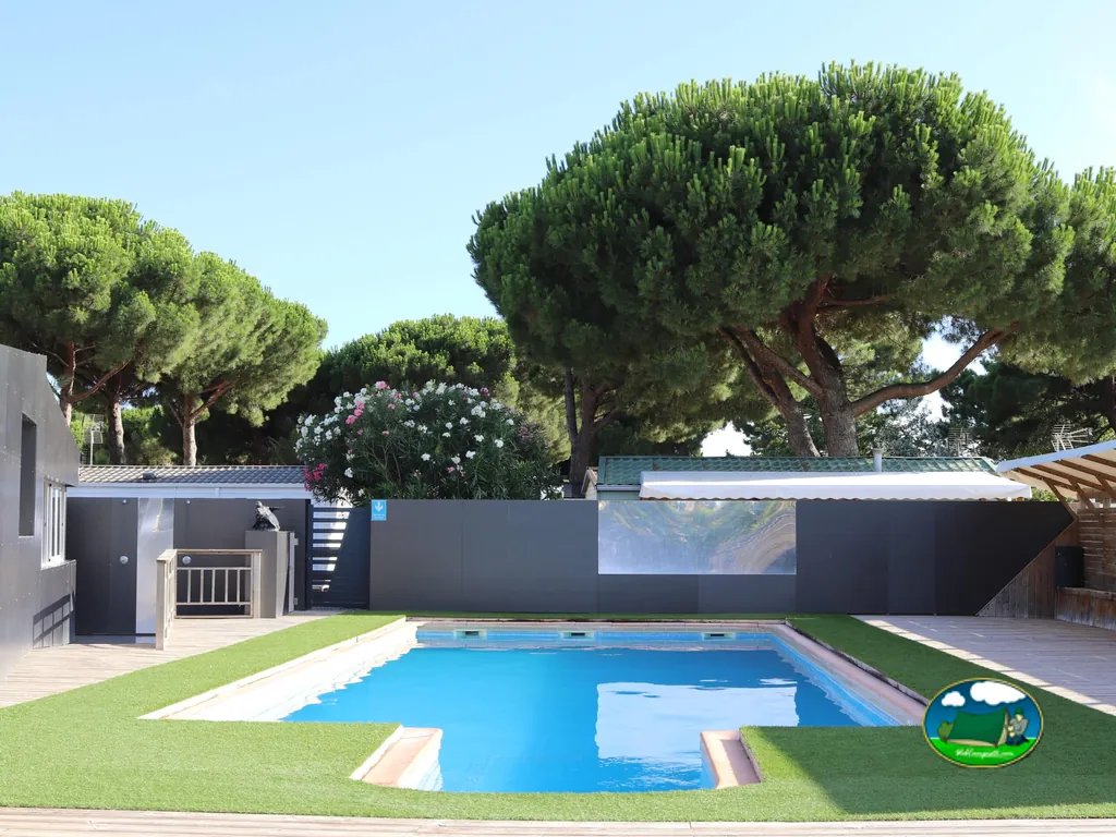 Piscina rectangular entre pinos