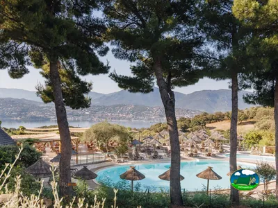 Piscina entre pinos y montañas