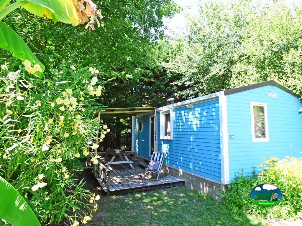 Casa móvil azul entre flores