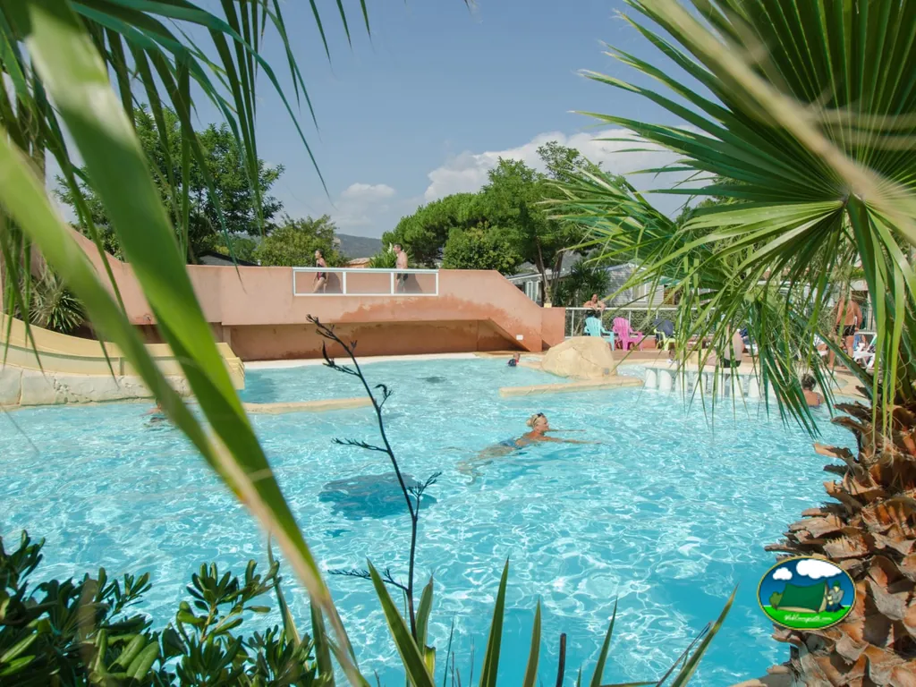Piscina entre palmeras