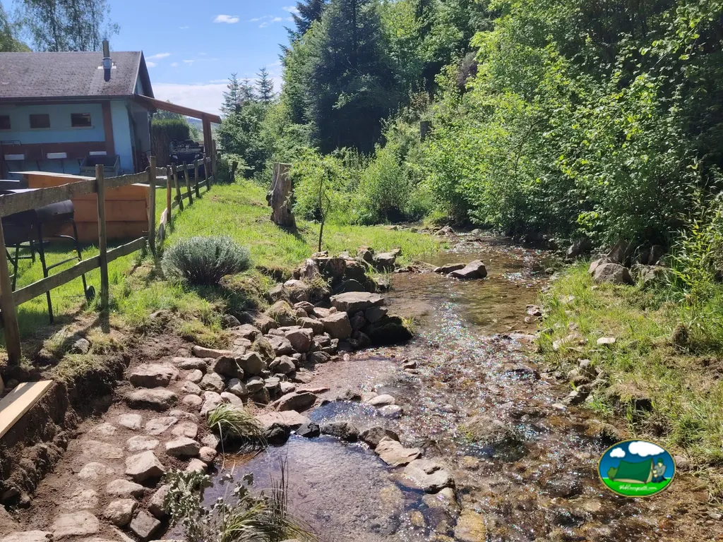 arroyo junto a una terraza con barbacoas y mesas de picnic frente al edificio del camping en Fréland