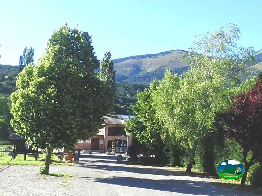 camino de entrada del camping bordeado de árboles con montañas al fondo en La Faurie