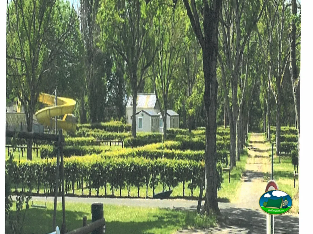 camino arbolado del camping con tobogán amarillo y bungalow al fondo en Savigny-sur-Braye