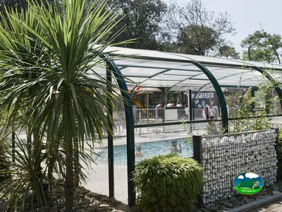 piscina cubierta del camping con bañistas vista tras una palmera en Saint-Brevin-les-Pins