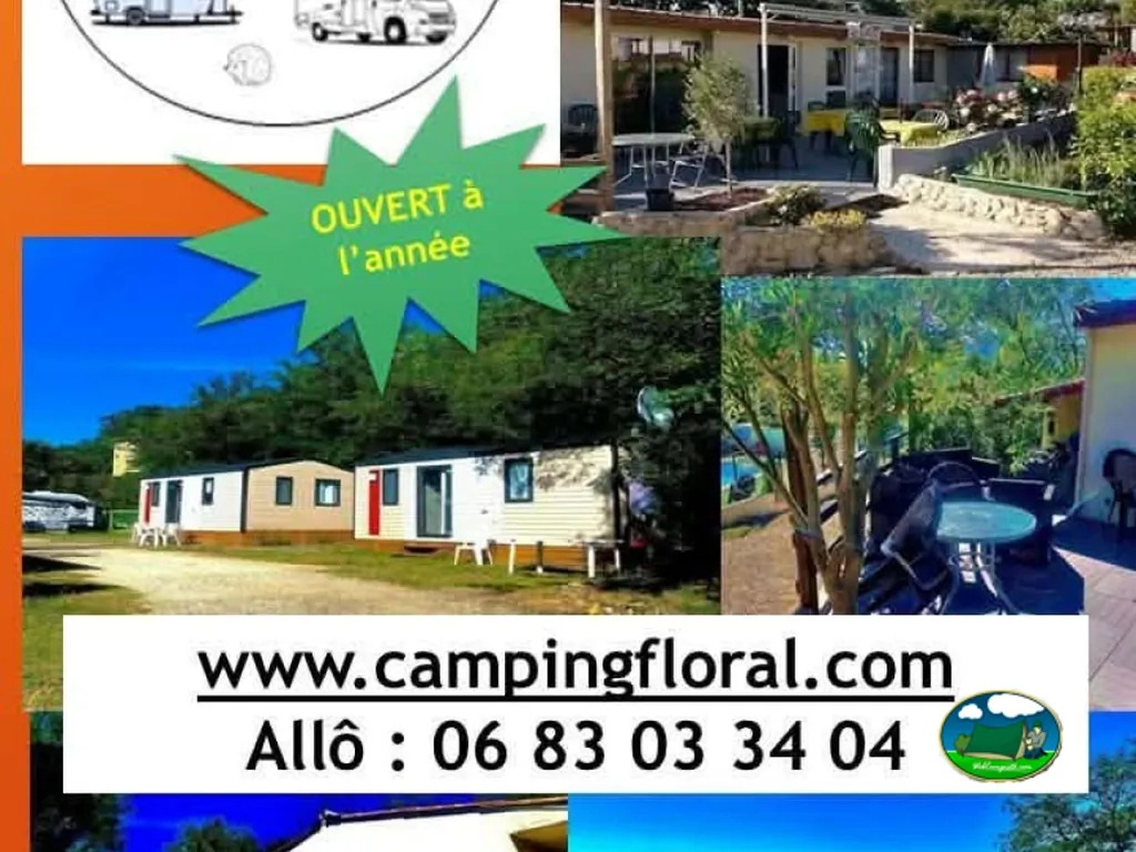 collage publicitario con mobile-homes, terraza ajardinada y cartel de abierto todo el año en La Coucourde