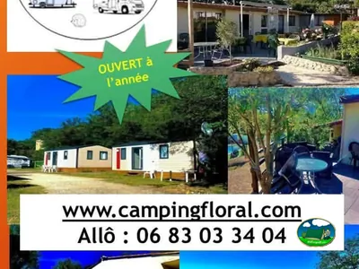 collage publicitario con mobile-homes, terraza ajardinada y cartel de abierto todo el año en La Coucourde