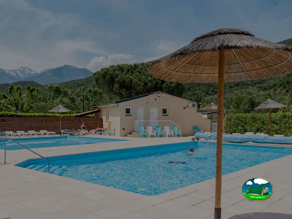 piscina con bañista y vistas a los Pirineos desde el camping