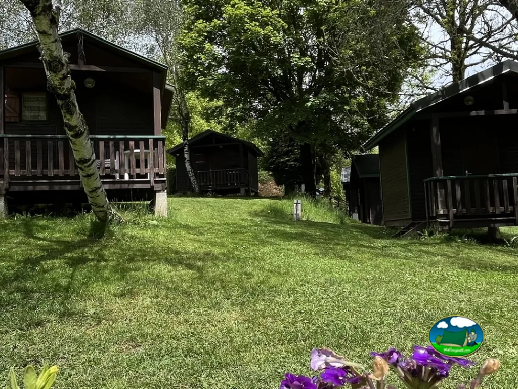 cabañas de madera entre árboles y césped con flores moradas en primer plano en Tauves