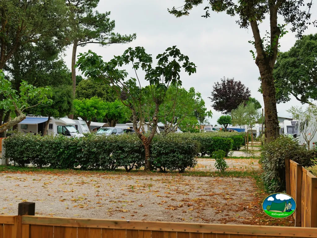 parcelas del camping con autocaravanas aparcadas tras un seto en un día nublado en Saint-Palais-sur-Mer