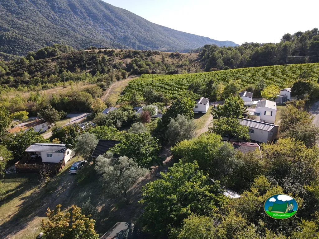 casas móviles del camping repartidas entre olivos y viñedos con montaña al fondo en La Penne-sur-l'Ouvèze