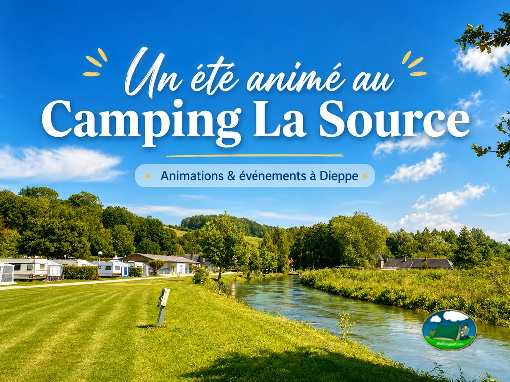 parcelas con caravanas junto a un río en el camping de Dieppe, con un cartel promocional superpuesto