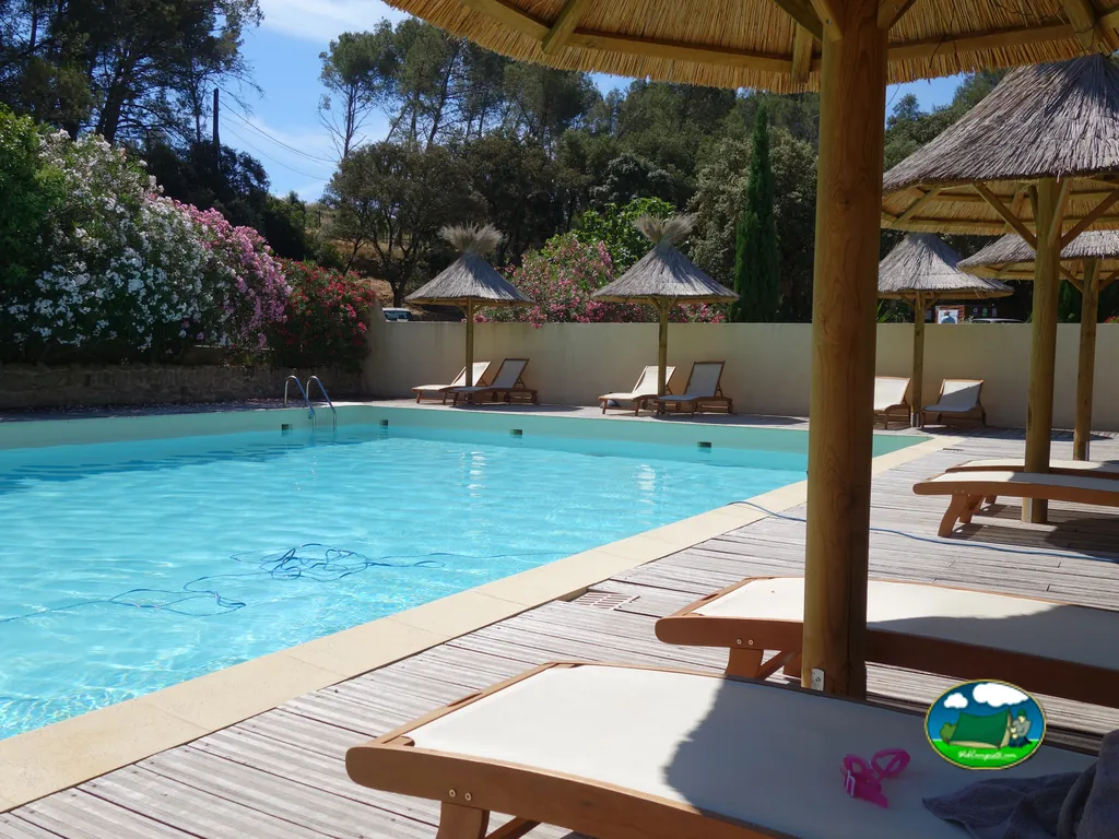 piscina del camping con tumbonas y sombrillas de paja rodeada de adelfas en flor