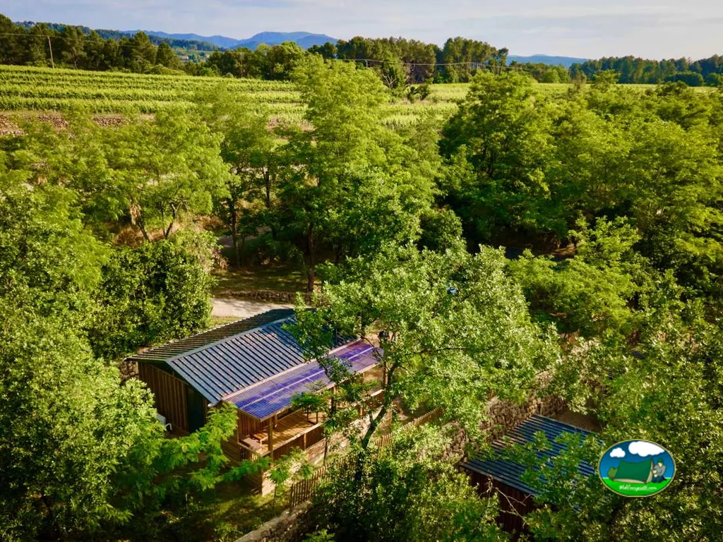 vista aérea de una cabaña con techo solar entre el bosque y los campos de cultivo en Lablachère