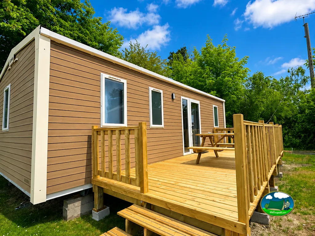 mobil-home con terraza de madera y mesa de picnic en Rang-du-Fliers