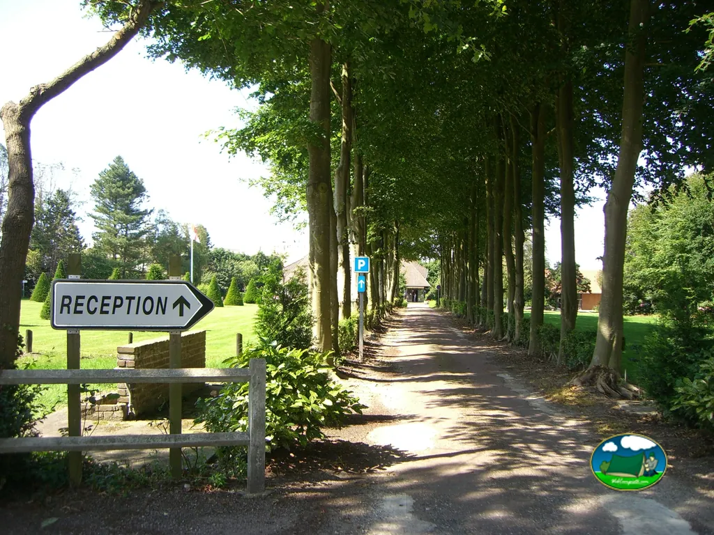 camino arbolado con cartel de recepción en el camping du Golf de Le Tréport