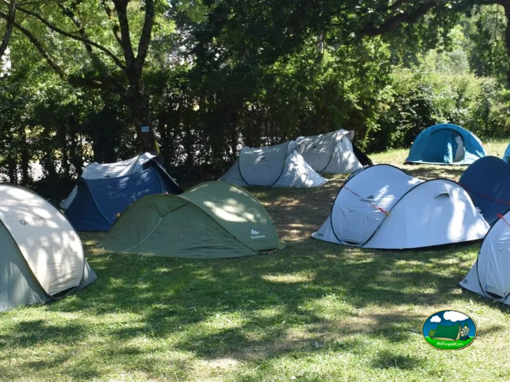 varias tiendas de campaña plantadas bajo árboles en el camping de Arradon