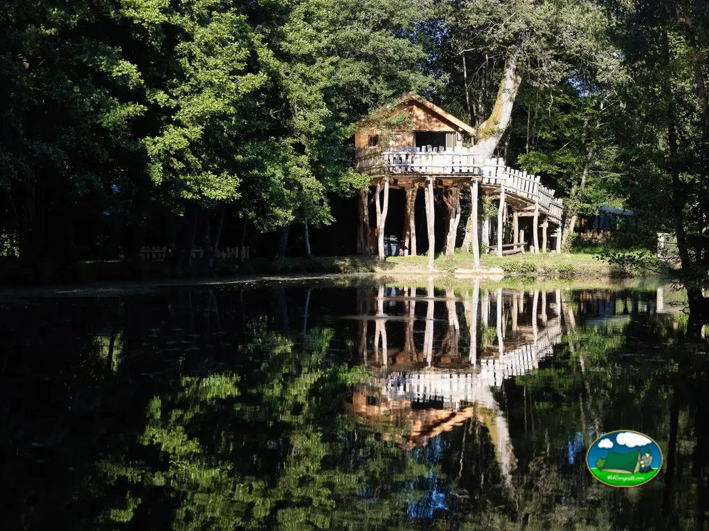 cabaña elevada sobre pilotes junto a un estanque que refleja el bosque en Corcieux