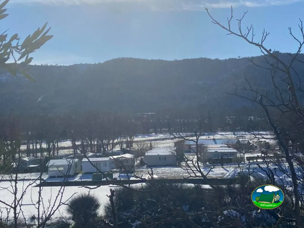 caravanas fijas nevadas entre árboles en un valle de montaña en invierno