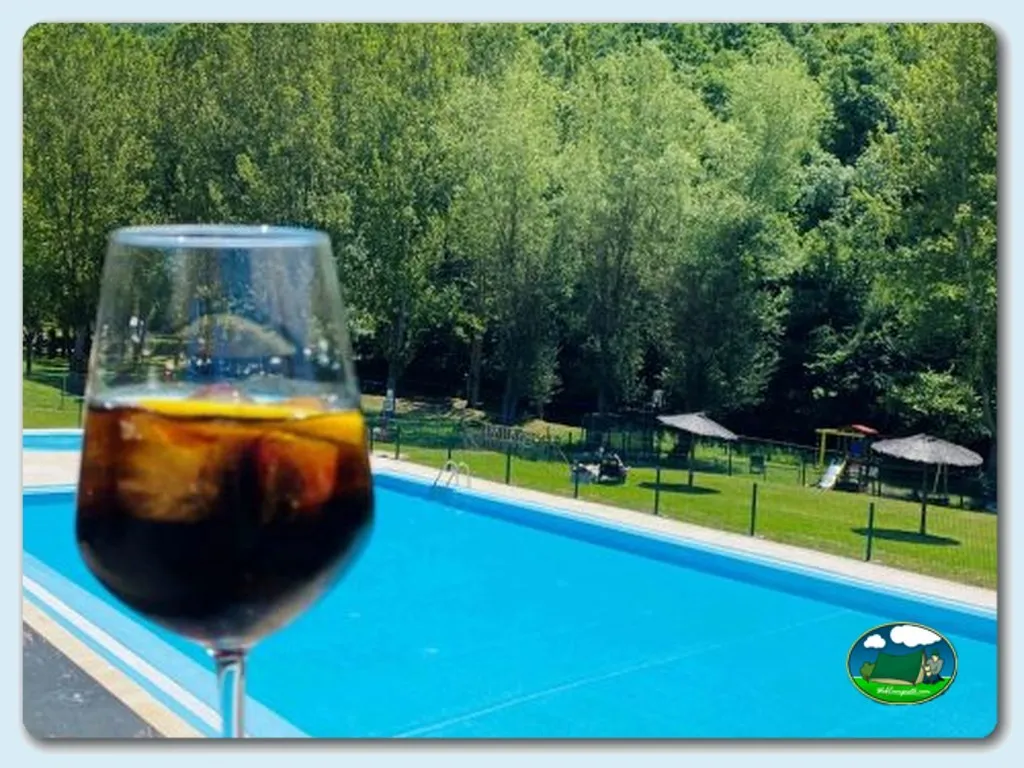 Piscina con vistas a la montaña y bebida refrescante del Camping Bosque de Gordon, La Pola de Gordon (León)