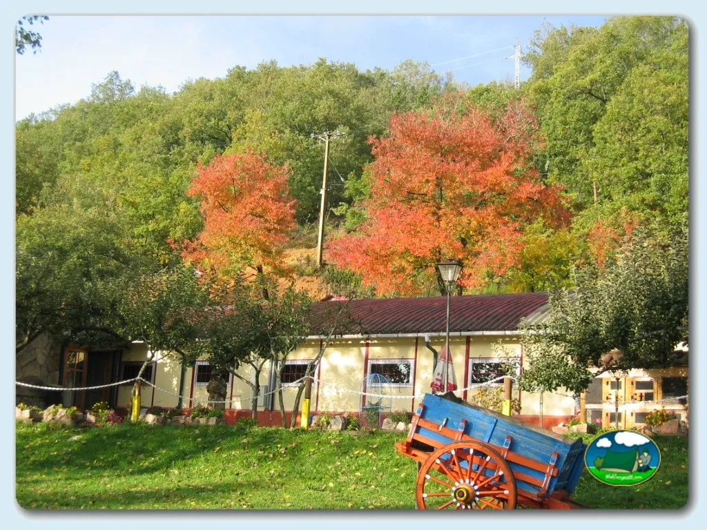 Parcela con edificio de servicios y árboles otoñales del Camping Santa Catalina, La Vecilla (León)