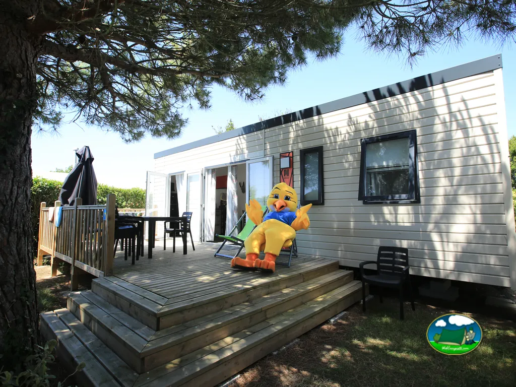 mobil-home con terraza de madera sombreada por un pino y una mascota de pato sentada en una silla