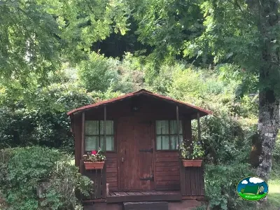 Cabaña de madera en entorno boscoso con flores del Camping El Cares, Santa Marina de Valdeon (León)