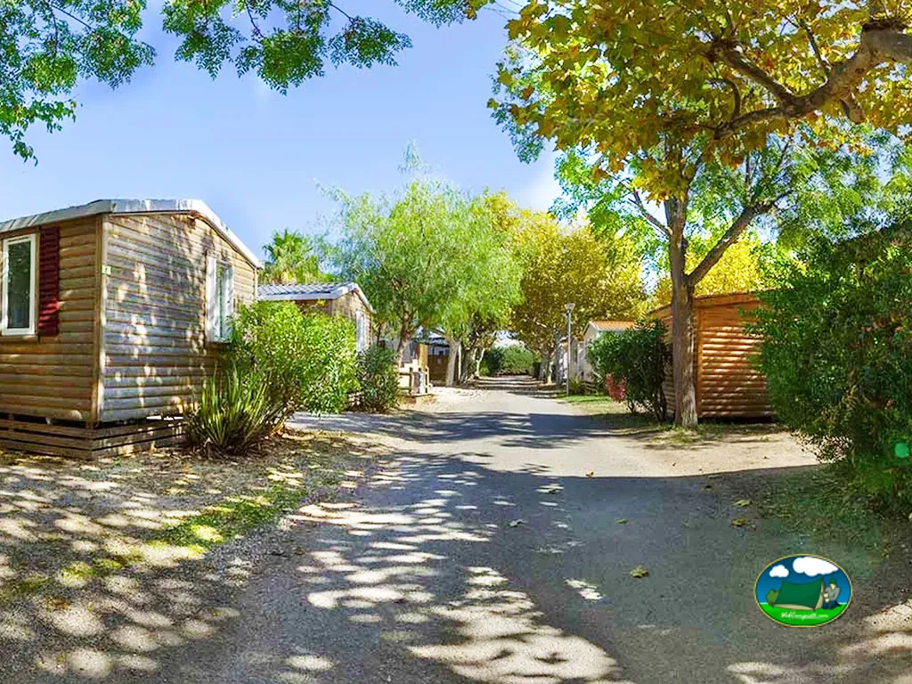 camino de grava entre mobil-homes de madera bajo árboles con sombra en Alénya