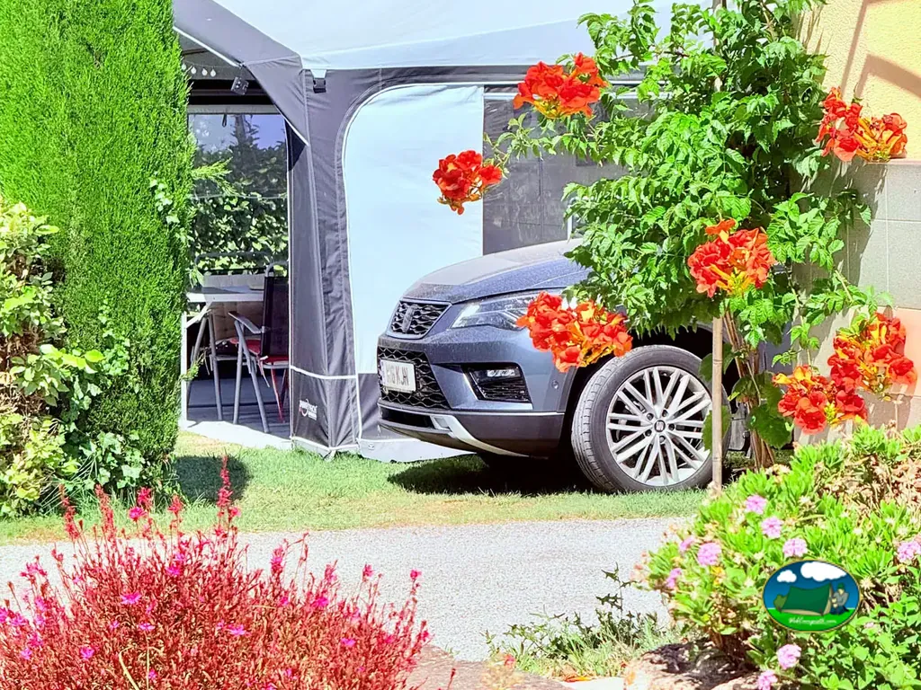coche aparcado bajo el toldo de una parcela con flores rojas en Saint-Rémy-de-Provence
